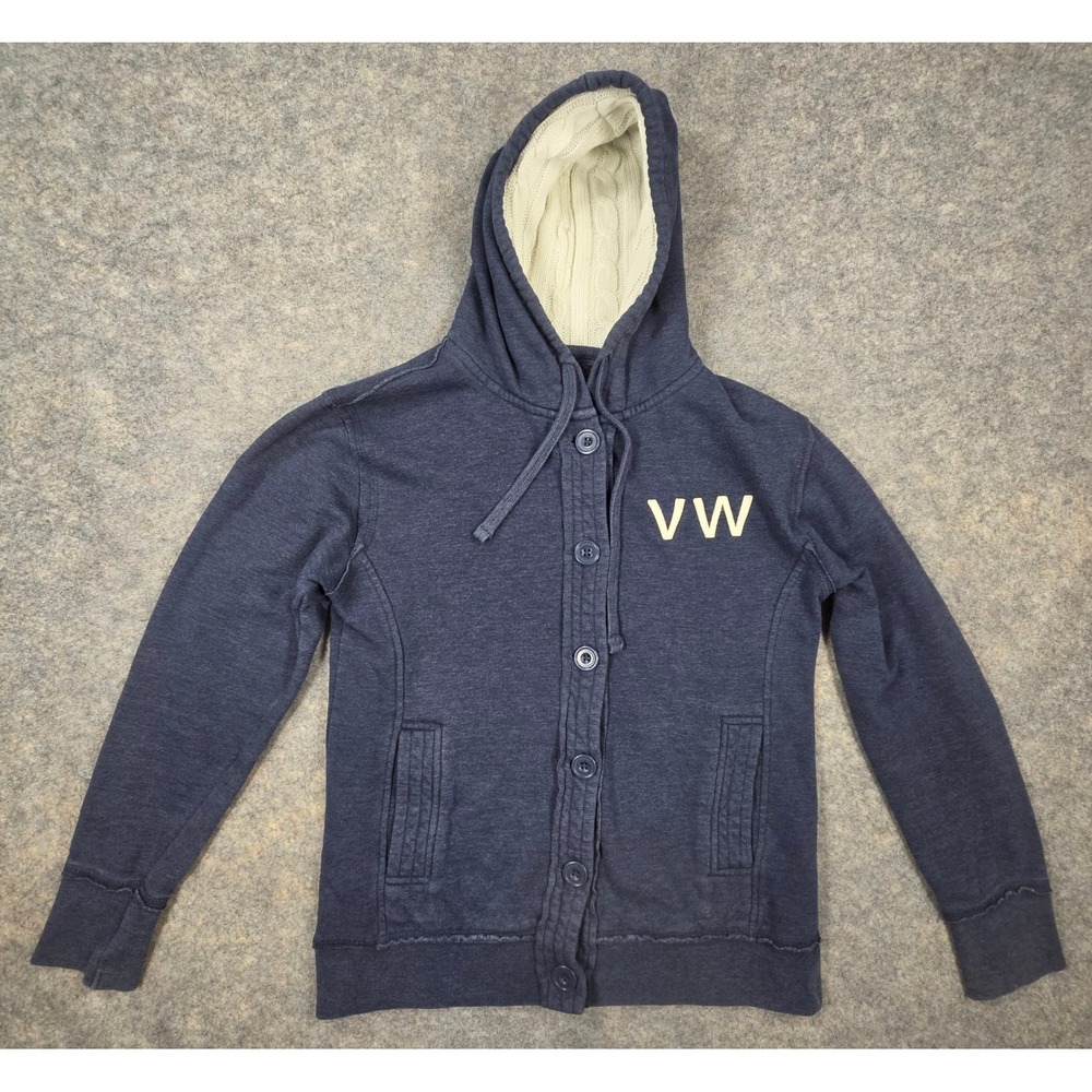 Ouray Volkswagen VW Button Up Hoodie Navy Blue Cable Knit Lined Hood Mens Medium